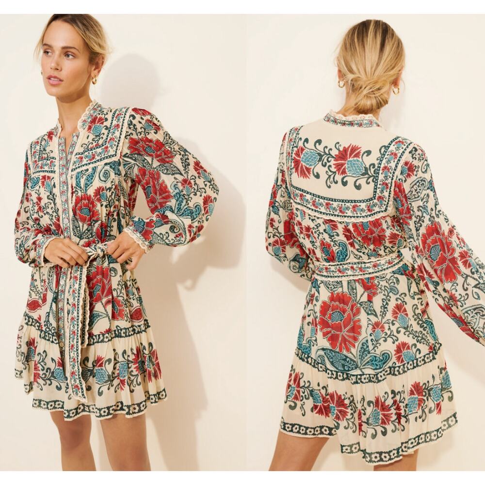 Farm Rio Floral Print Long Sleeve Francesca Mini Shirt Dress Tie Belt Medium